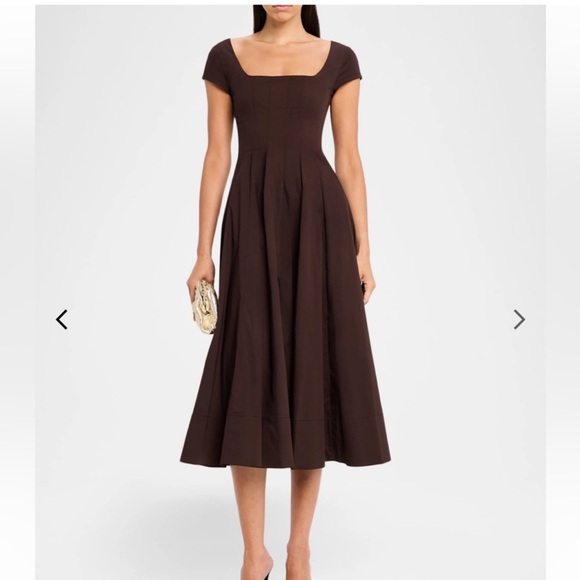 STAUD Wells Cotton Fit & Flare Short Sleeve Midi Dress Brown Size 6